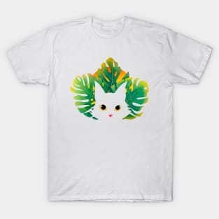 White Cat with Tropical Leaves in the Sunset T-Shirt